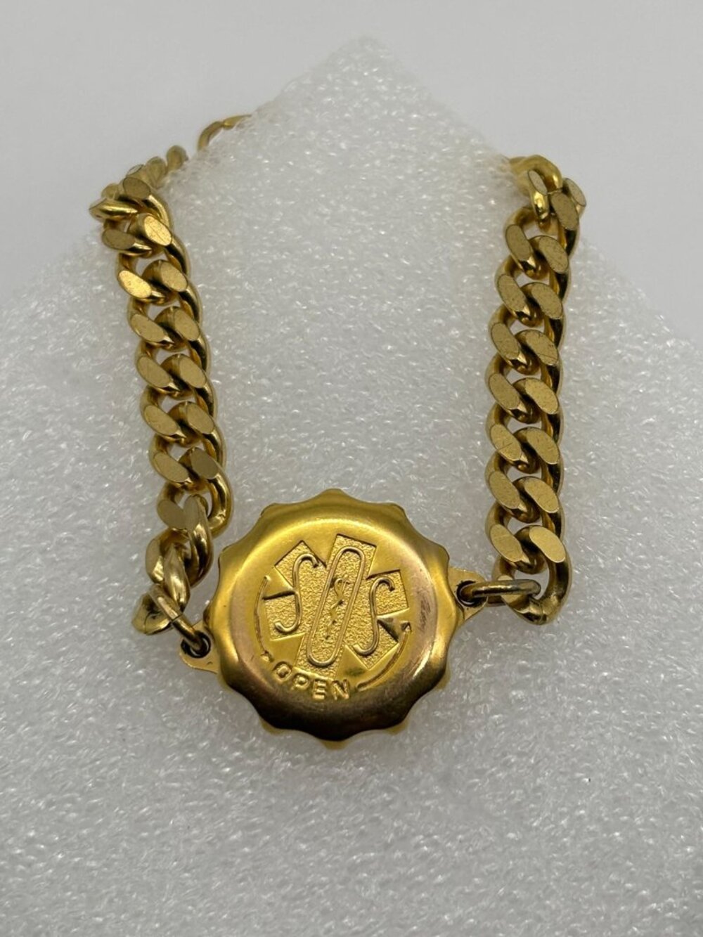 Vintage S.OS. Medical I.D. Bracelet Gold-Tone Stainless Steel Metal, Curb Chain - Picture 5 of 11